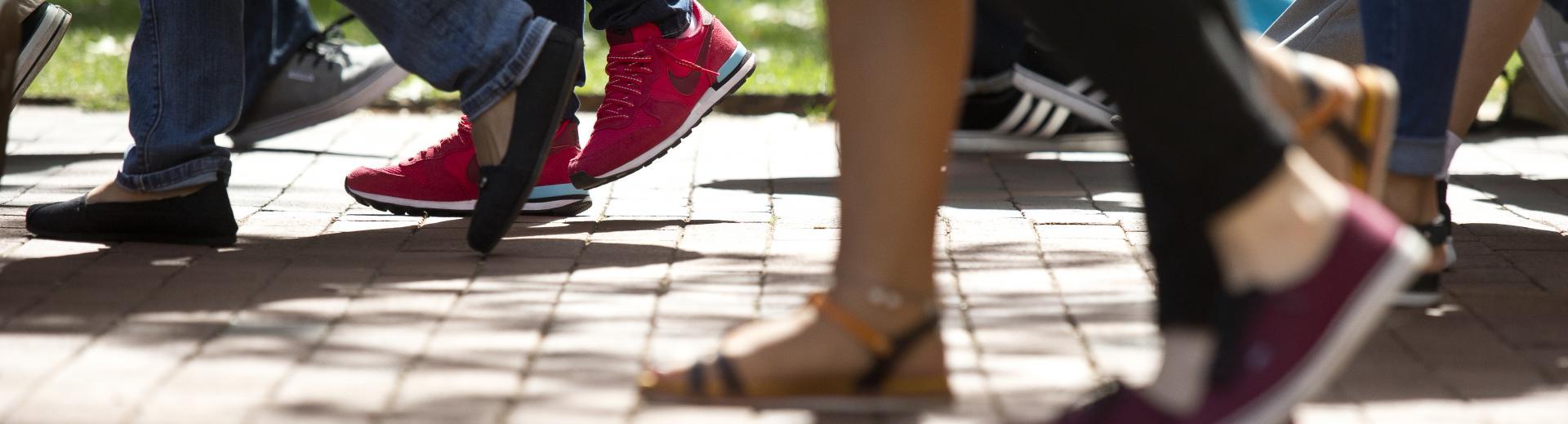 students walking on campus on a spring day